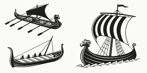 Ancient sailing ships with different designs and structures depicted in black and white Vector © Rabbi
