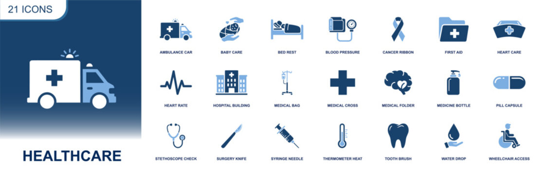 Healthcare icon set. Containing ambulance, baby care, bed rest, blood pressure, cancer ribbon, first aid, heart rate, hospital, syringe, thermometer, pills, and more. Solid fill vector icons collectio