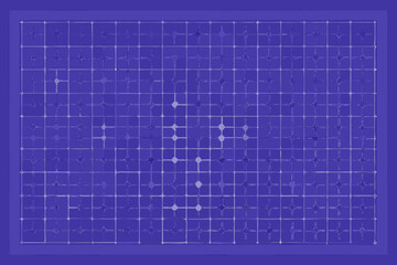 Abstract purple grid with scattered glowing white shapes and connecting lines