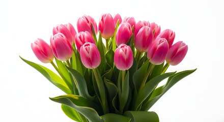 Obraz premium A bouquet of vibrant pink tulips with lush green leaves on a white background