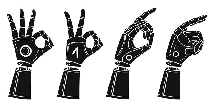 A sequence of four mechanical hands in different poses, showcasing robotic dexterity and design. Vector