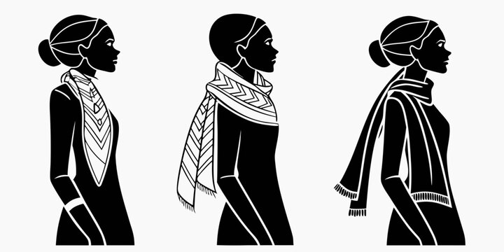 Three women with different hairstyles and headscarves in a line Vector