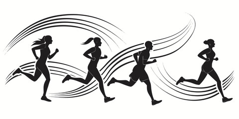 Obraz premium Group of people running with dynamic motion lines and abstract elements Vector
