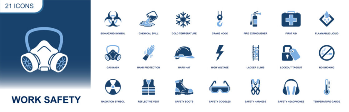 Work safety icon set. Containing biohazard, chemical spill, fire extinguisher, first aid, PPE mask, hard hat, lockout tagout, no smoking, radiation, harness, and more. Solid fill vector icons collecti