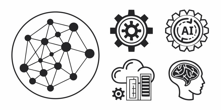 Illustration of interconnected nodes and symbols representing data science and machine learning concepts Vector