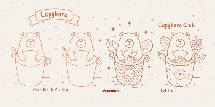 Four cartoon capybaras in various poses with decorative elements