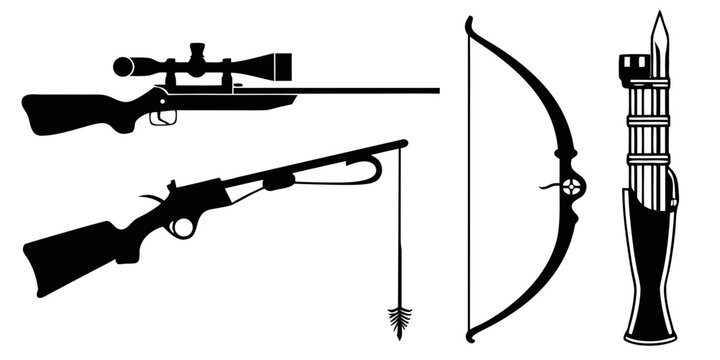 Assorted weapons including a rifle, crossbow, and bow with arrows Vector
