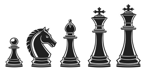 A collection of chess pieces arranged in a row, showcasing the king, queen, rook, bishop, knight, and pawn. Vector © Rabbi