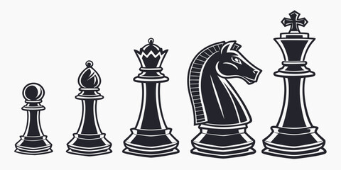 A diverse collection of chess pieces arranged in a row on a chessboard. Vector © Rabbi