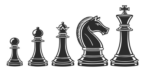 Chess pieces arranged in ascending order from pawn to queen on a black and white board Vector © Rabbi