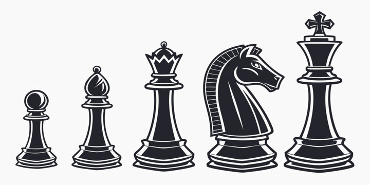 A diverse collection of chess pieces arranged in a row on a chessboard. Vector