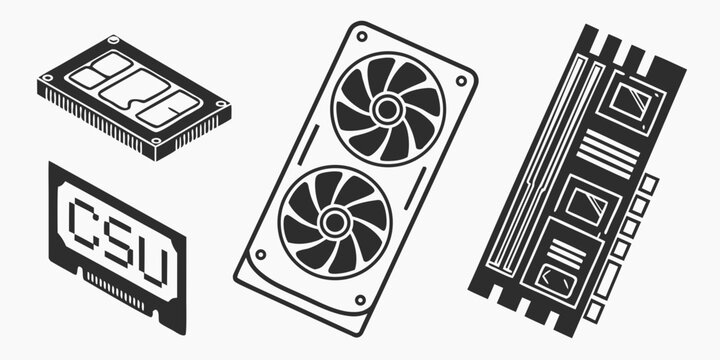 A collection of computer hardware components including a graphics card, a cpu cooler, and a ram stick Vector