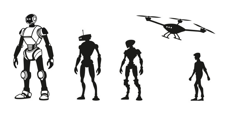 A futuristic scene featuring robots and a flying drone in a digital art style Vector