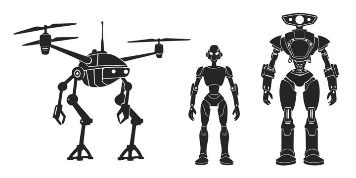 Advanced robots and drones showcasing futuristic technology and innovation Vector