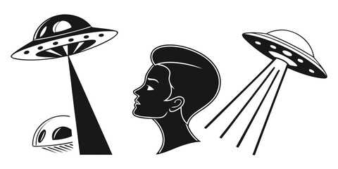 Alien figures and flying saucers in a mysterious black and white illustration Vector © Rabbi