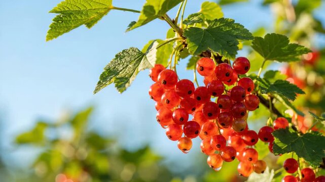 ripe red currants hanging on a leafy branch in a clear blue sky sunlight video