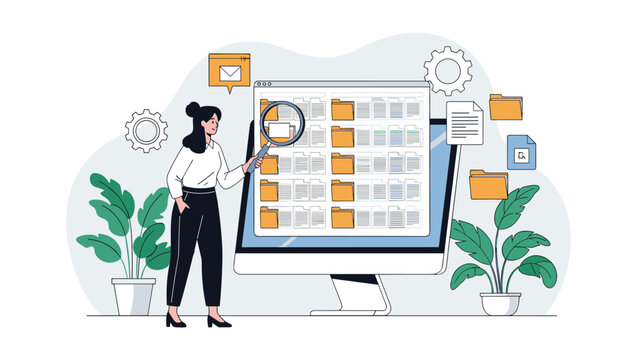 Organized female employee uses a magnifying glass to search through digital files and folders on her computer screen.