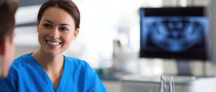 The dentist smiling while consulting with a patient in a modern dental clinic