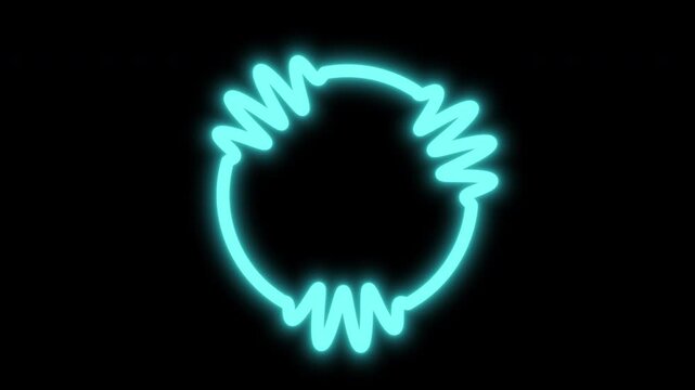 Glowing cyan blue circle with wave oscillations and zigzag patterns on black background, representing audio frequency, sound waves, energy visualization, and digital signal processing concepts
