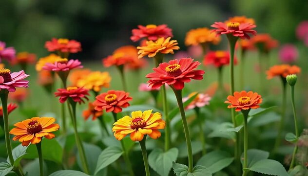 A backyard garden filled with mature zinnia plants bearing colorful blooms 