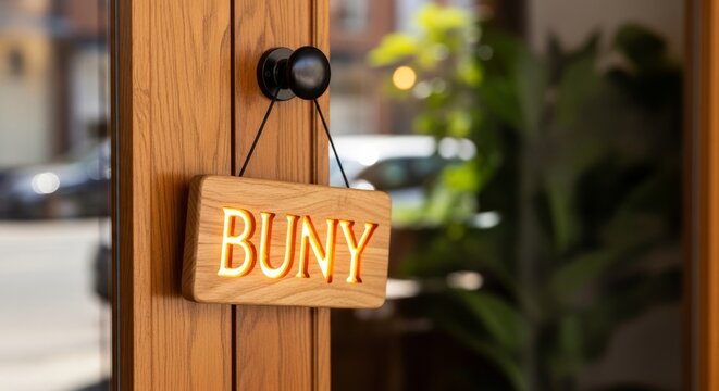 Illuminated wooden 'BUNY' sign hanging on modern shop door