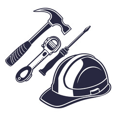 A collection of tools and a helmet representing construction and safety equipment. Vector