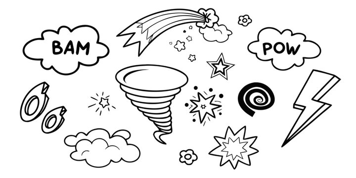 A vibrant and dynamic illustration of various comic book sound effects and symbols Vector
