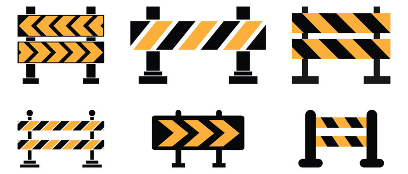Collection of road barrier icons. Under construction highway restricted symbol. Highway repair safety barricades block roadwork cones. Diagonal Black and Yellow Striped Warning. Vector Illustration.