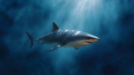 Obraz premium A powerful shark swims through dark blue ocean waters with light rays filtering from above