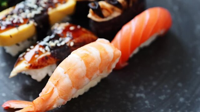 Sushi pieces are placed neatly on a dark plate with different types of fish and toppings displayed.