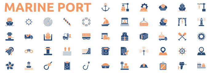 Marine Port icon set two color style with anchor, port, engineer, captain, ship, crane, dock, harbor, lifebuoy, lighthouse, cargo, compass, radar icons