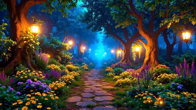 Enchanted garden path with lanterns