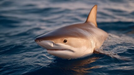 Naklejka premium A close up view of a shark gracefully swimming in the ocean during the golden hour with warm sunlight on its skin
