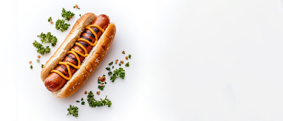 Overhead view of a savory grilled hot dog with yellow mustard sauce in a sesame seed bun on a clean white background with fresh parsley and spices
