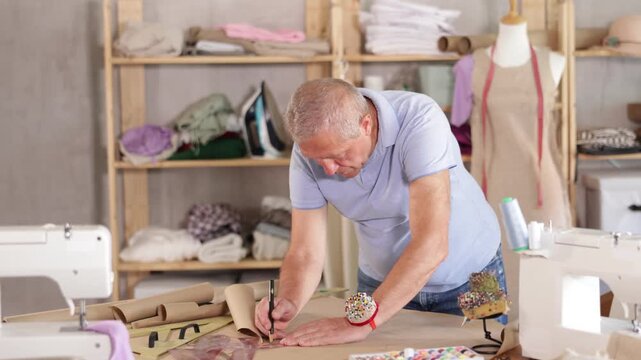 Senior man tailor draw dress pattern of product on paper. Craftsman perform paper prototype of product parts, drawing paper pattern for dressmaking.