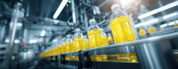Naklejka premium The Bottles on an Industrial Conveyor Belt in a Modern Cooking Oil Packaging Line