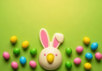 Easter bunny cookie surrounded by colorful candy