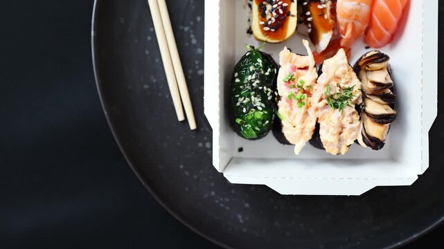 A takeout box holds various types of sushi placed on a black plate with chopsticks nearby.