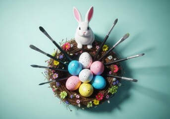 Easter bunny and eggs with paintbrushes in nest