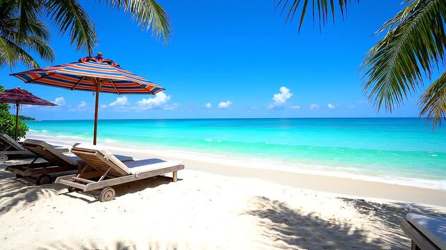 4K video of a serene tropical beach with palm trees and lounge chairs