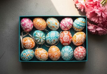 Vibrant easter eggs in a box