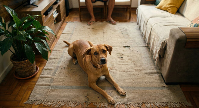 A caramel dog sits on the floor looking at the camera in a high-angle shot on the living room floor - cachorro caramelo sentado no ch&atilde;o olhando para a c&acirc;mera em plano plong&eacute;e no ch&atilde;o de casa brasileir