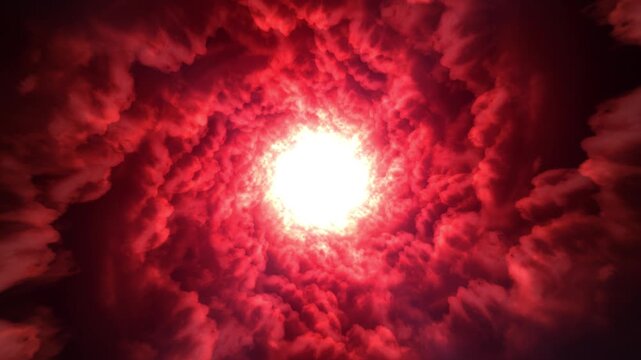Abstract fiery red cloud vortex with intense glowing core. Red background loop. Dramatic energy tunnel of smoke and plasma, symbolizing explosion, power surge, cinematic storm spiral