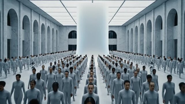 A large group of people in gray bodysuits standing in rows in a spacious white hall with arched doorways and a bright light source at the end, conveying a sense of uniformity and calmness.
