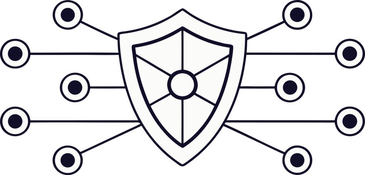 Cybersecurity concept with shield and connected nodes