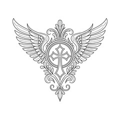 Fototapeta premium Decorative ornate winged cross emblem with intricate filigree detailing in a black and white outline style