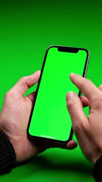 Green Screen 4k man using iphone 12 smartphone viewing on phone press browsing chroma key online typing text reading social media close up hands 24 04 21 st petersburg russia scene 1 with distortion