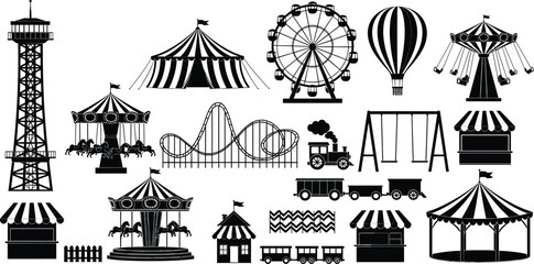 Amusement Park Carnival Silhouette Icon Set Ferris Wheel Roller Coaster Circus Tent Carousel Train Swing Ride Fairground Vector Illustration Collection © MdShakil