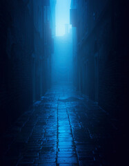 Cinematic dark foggy cobblestone alleyway background