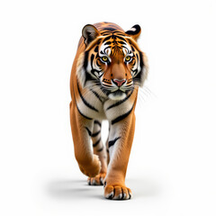 Fototapeta premium Tiger big cat orange fur black stripes white background walking wild animal predator majestic powerful